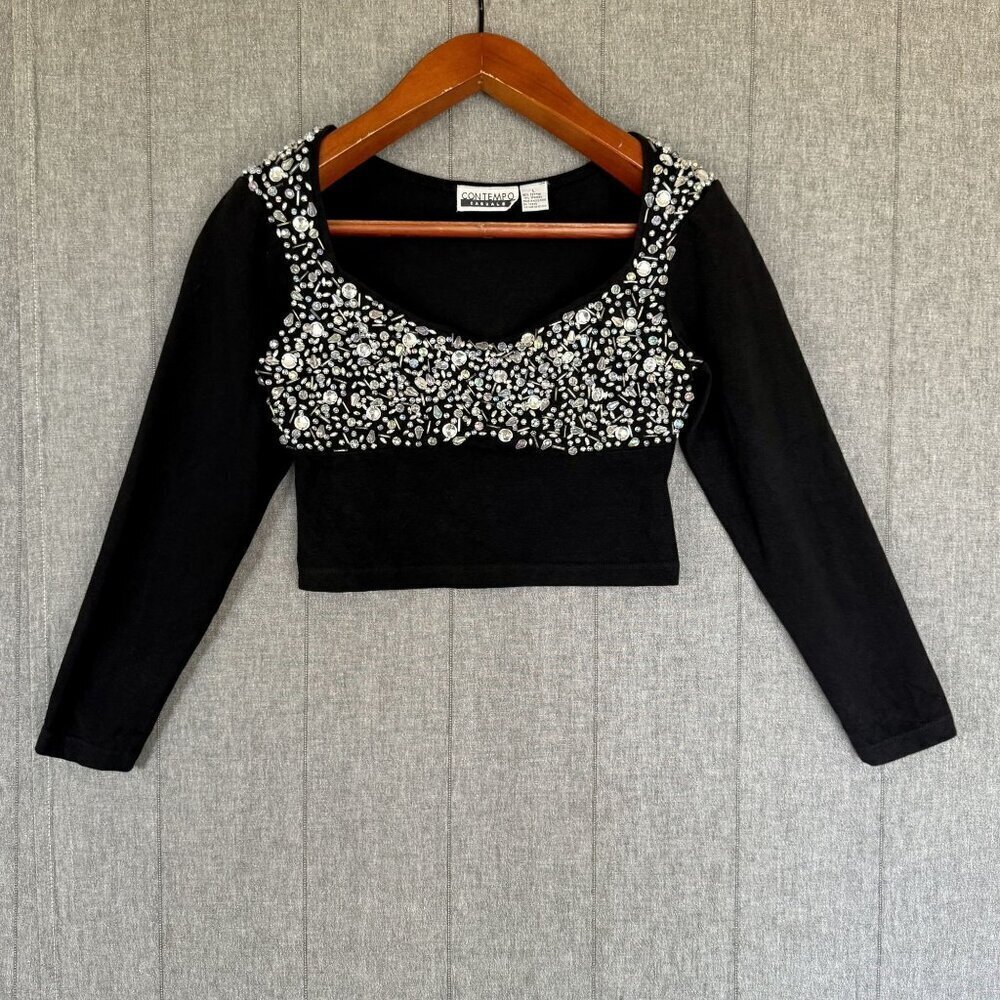 80s Rare Vintage Contempo Casuals Beaded Bust Black Long Sleeve Crop Top Size M